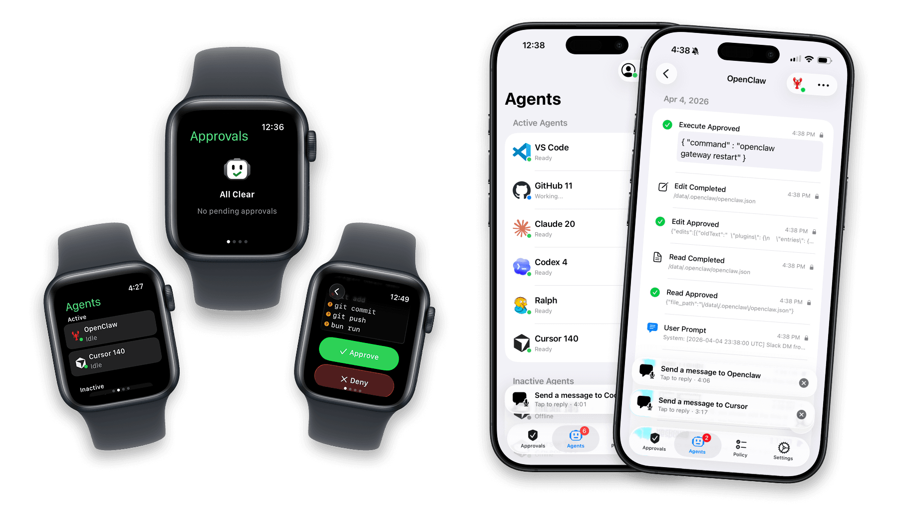 Agent Approve on iPhone and Apple Watch showing approval requests, agent activity, and policy screens